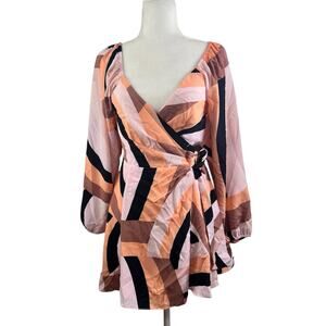 Anthropologie Hutch New Geo Wrap Mini Dress XS Petite Long Puff Sleeves V Neck